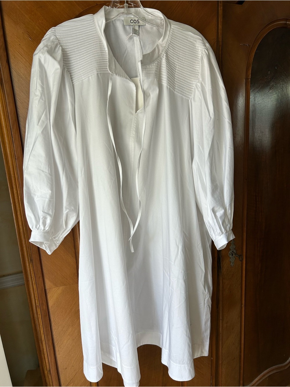 COS White Pintuck Tie-Neck Popover Shirt Dress